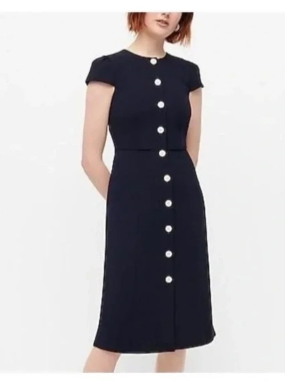 J Crew Button Front Cap Sleeve Dress, Navy Midi A Line Size 8 AK633